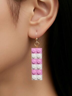 LEGO Earrings Fun Pink Building Block Dangle Unusual Pierced Women's Jewelry NEW